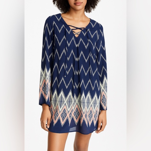 Xhilaration Bell Sleeve Flowy Mini Cocktail Dress Zigzag Retro Size L Party Work - Picture 1 of 6